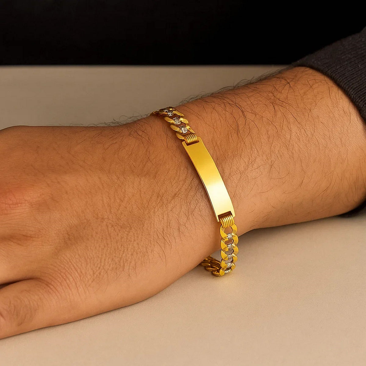 14k Two Tone Gold Mens Narrow Curb Chain ID Bracelet with White Pave (6.70 mm)